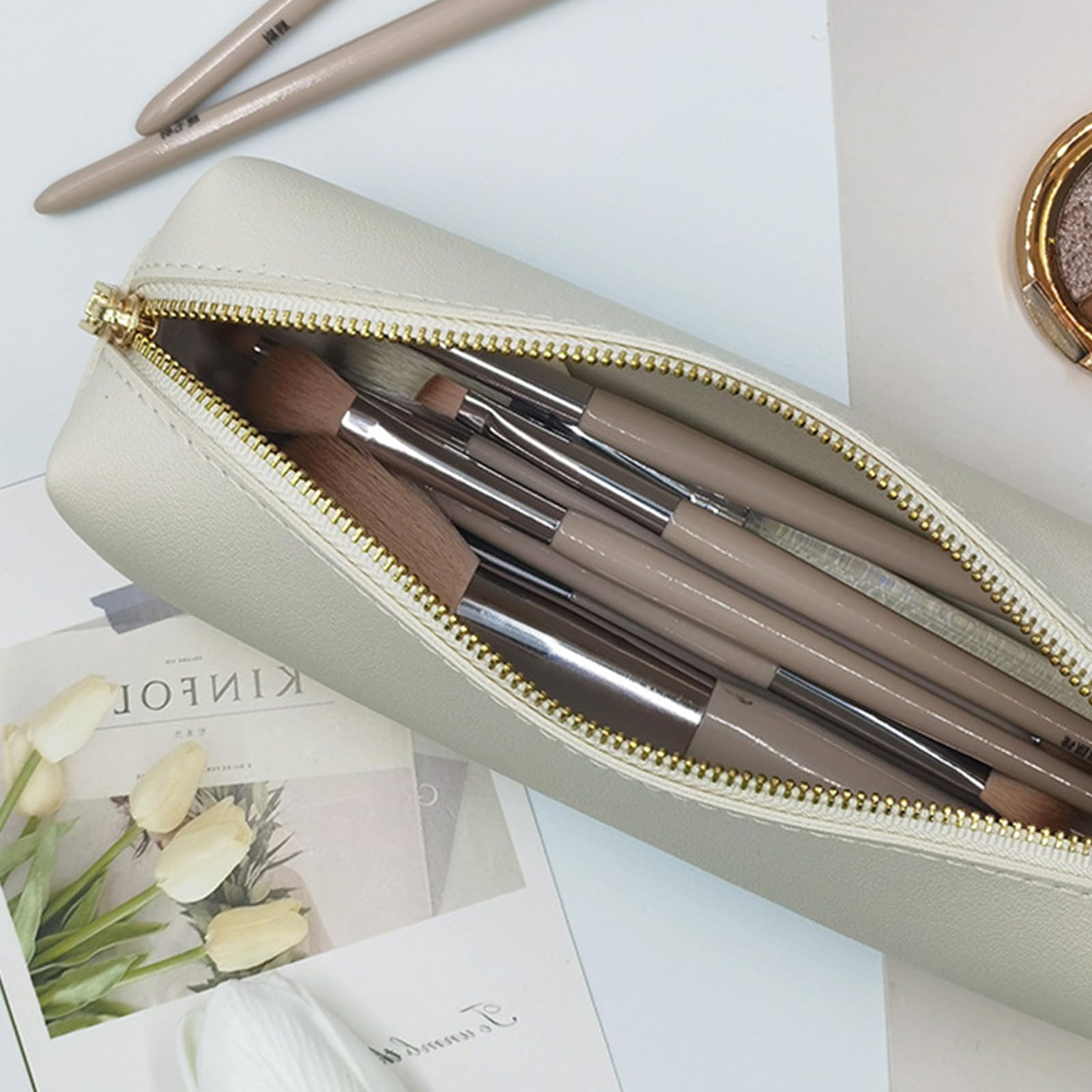 1 Pcs Pencil Pouch Pencil Case Slim Design Pen Bag with Metallic Zipper PU Leather Pencil Case White Pencil Case - Image 4