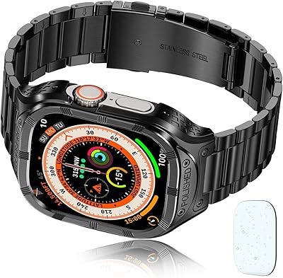 San Jeirie ã€3 IN 1 Stainless Steel Band with Case for Apple Watch Ultra Band 49mm,Rugged Apple Watch Ultra Case with Metal iWatch Band,Rough Protective Bumper Cover with Soft TPU Case for Men (Black, Ultra 49mm)