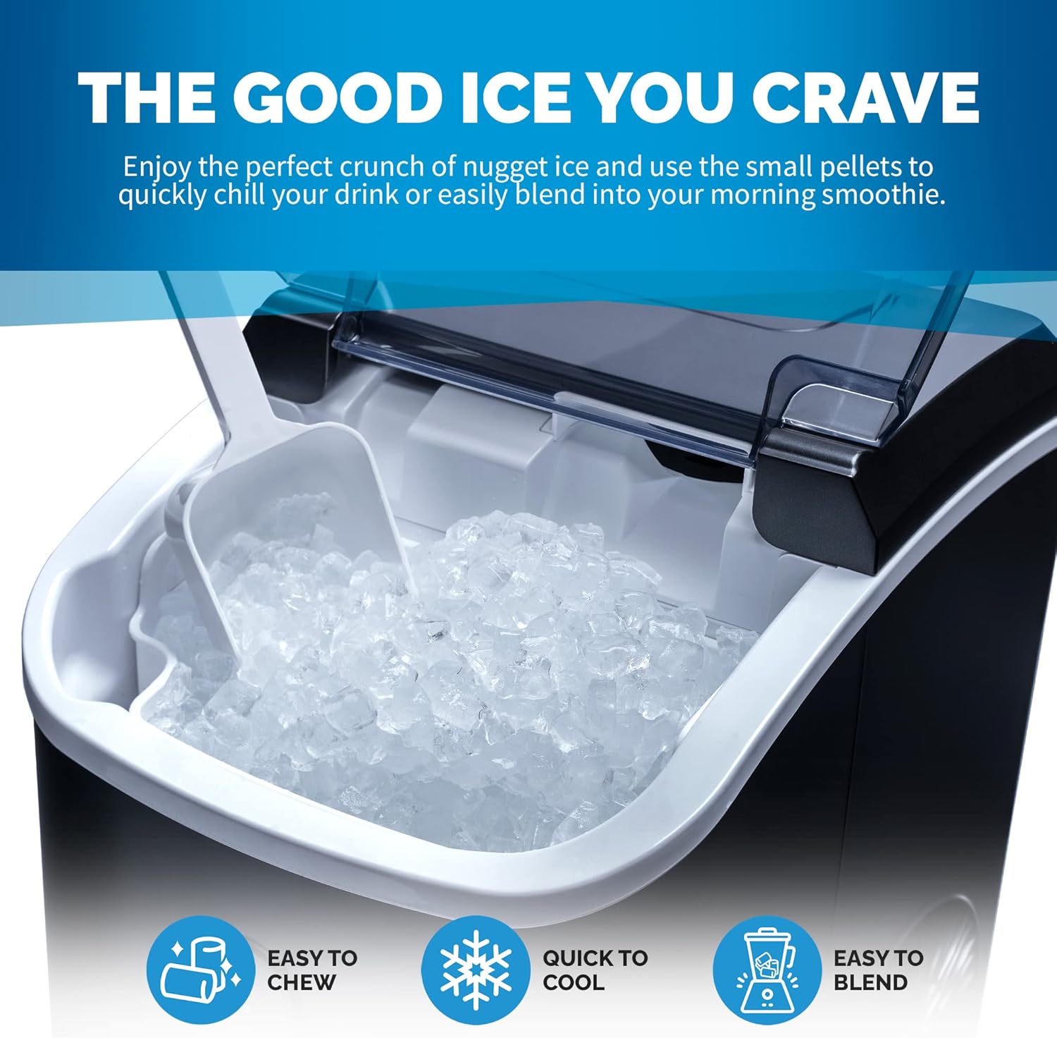 NewAir Nugget Ice Maker | Countertop Portable Ice Machine | 26 lbs/Day Soft Chewable Nugget Ice in 10 Min | Matte Black Compact Design
