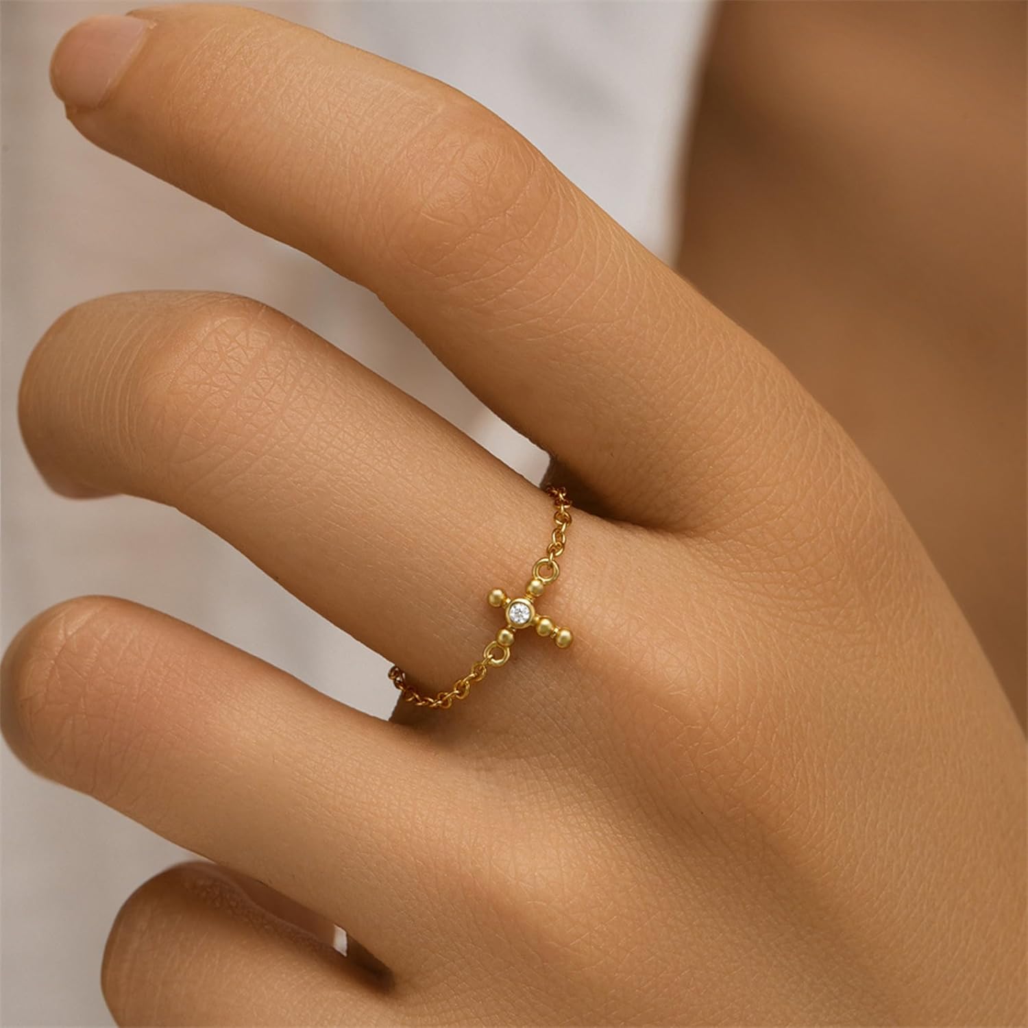 925 Sterling Silver Tiny Cross Link Chain Fidget Rings with Dangle Bead for Women Dainty 14k Gold Plated Small CZ Adjustable Ring Purity Christian Religious Ring Jewelry Gifts to Daughter - Image 2