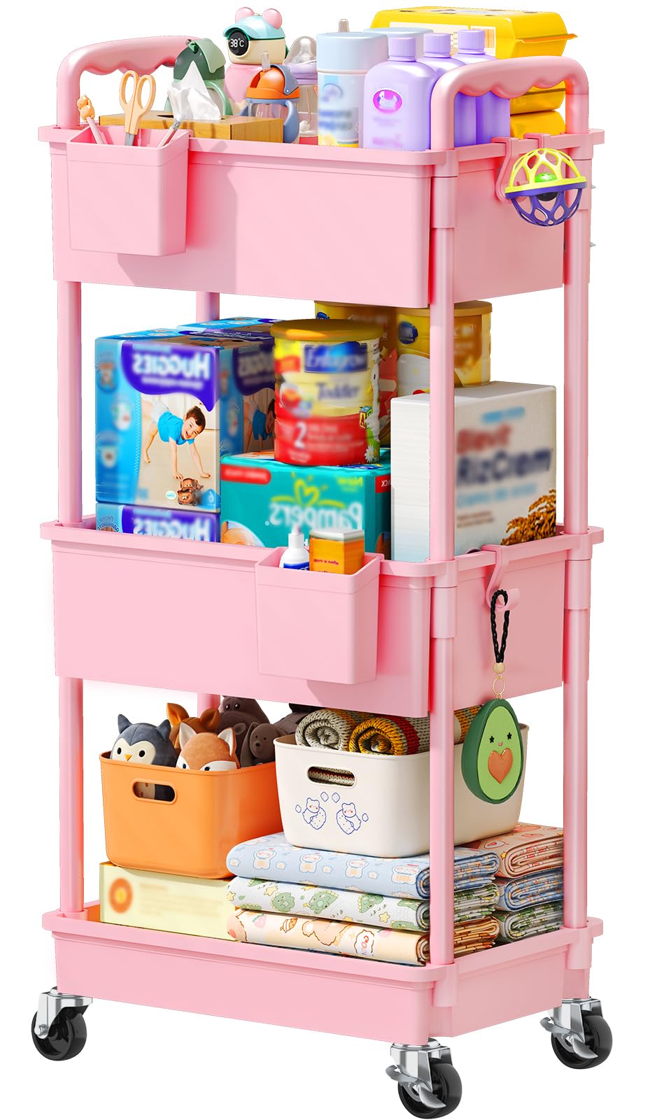 SUNALLY Baby Diaper Caddy Cart, 3 Tier Rolling Diaper Cart with Lockable Wheels for Nursery Essentials, Large Capacity & Easy Assemble Diaper Storage Organizer for Newborn,New Mom, Pink-image-36