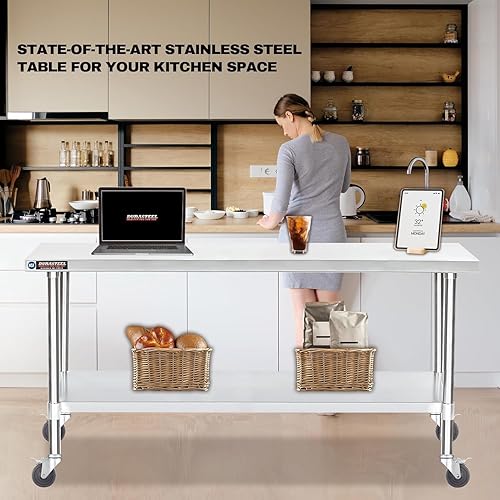 Vista 180 de DuraSteel - Mesa de acero inoxidable de 24 x 36 pulgadas, para preparación de alimentos, carrito de metal, mesa de trabajo comercial con ruedas
