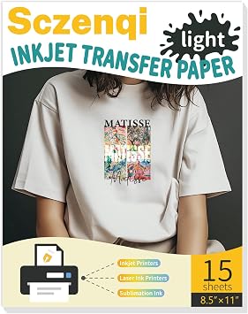 SCZENQI Heat Transfer Paper for T Shirts 15 Sheets, 8.5" X 11" Printable Heat Transfer Vinyl, Vivid Color & Light Iron on Transfer Paper for Fabric