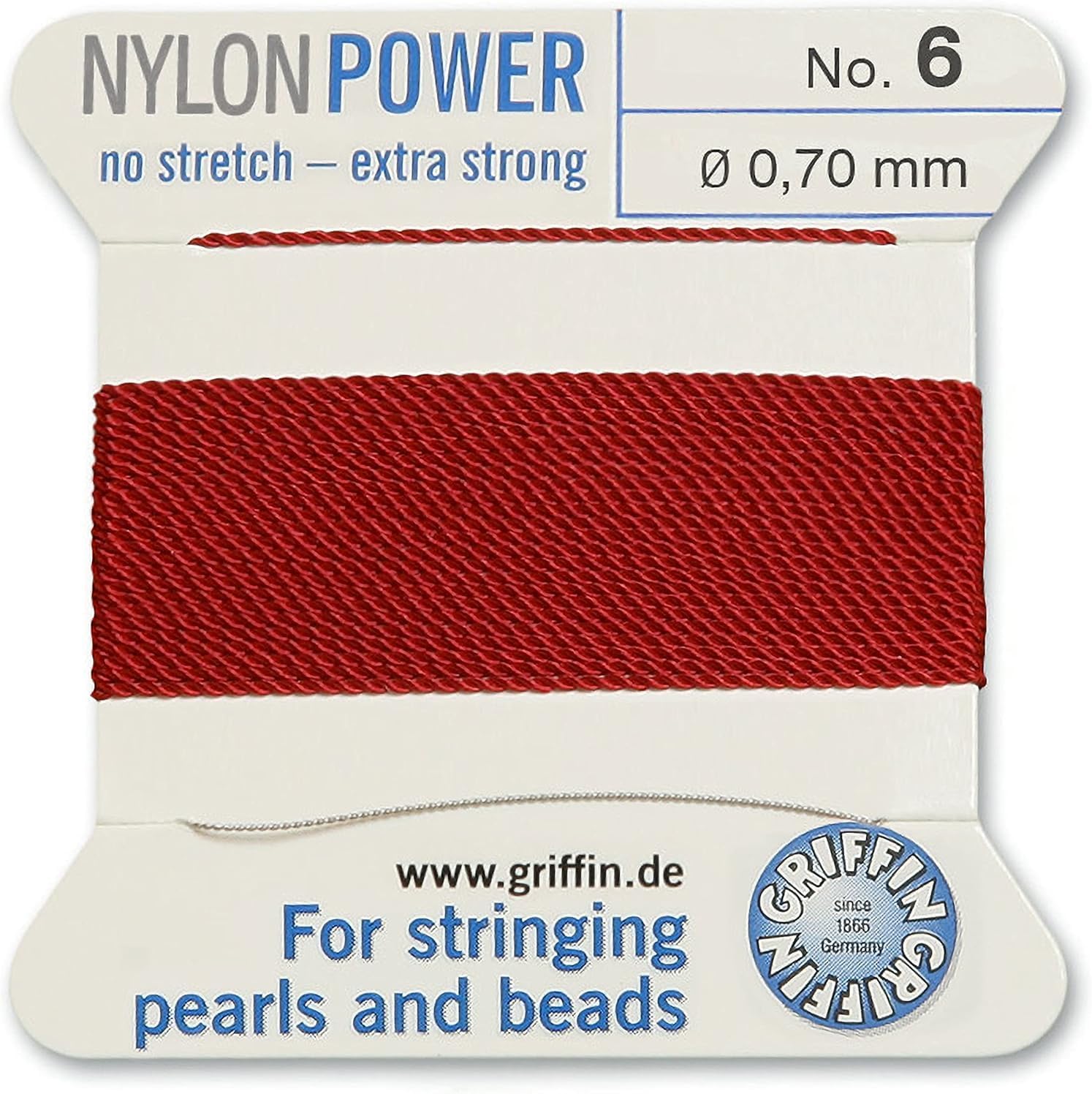 Griffin Bead Cord Nylon Garnet #6 - Griffin NylonPower with Stainless Steel Needle Attached – for Knotting Pearls, Gemstones, Crystals and Beads