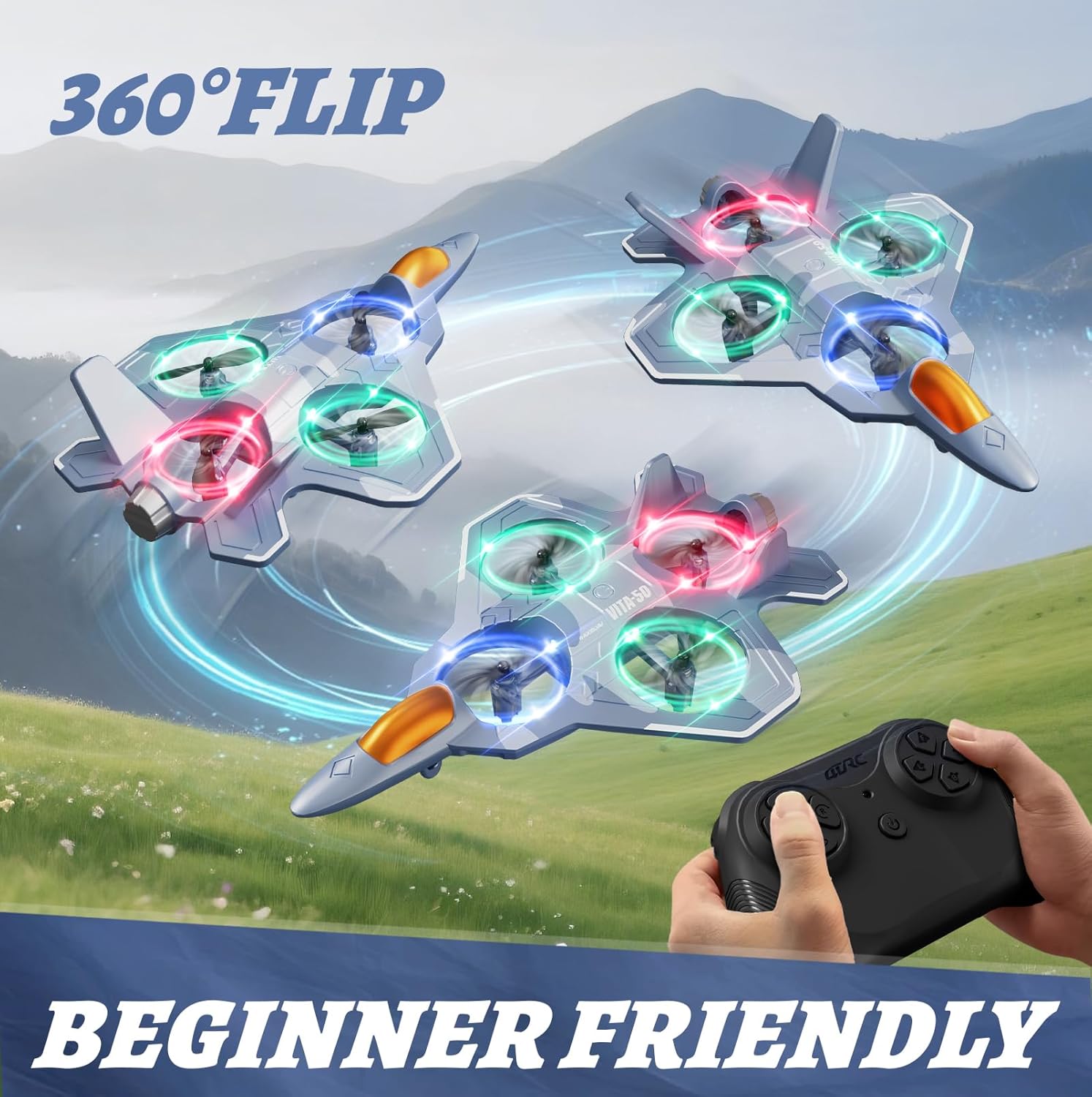 4DRC Foam Remote Control Airplanes for Kids Adults, RC Plane Airplane Toys for Boys Kids Beginners, RC Planes Fighter Jet Helicopter Drones for Kids Adults, 360° Flip Easy to Fly Grey-2batteries