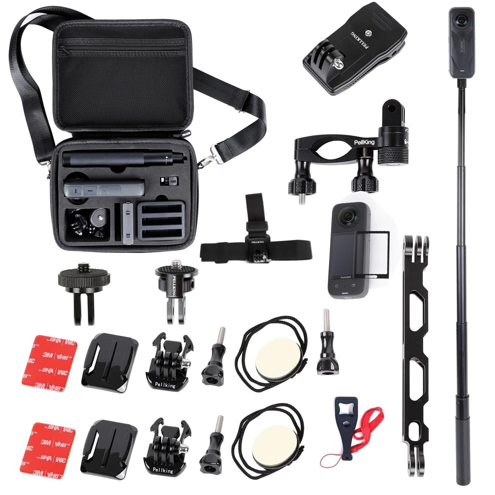 PellKing Accessory Bundle for Insta360 X5/X4,Hard Shell Carrying Case with Shoulder Belt,Selfie Stick,Backpack Clip,Sreen Protector,Head Strap Mount,360 Rotation Bike Handlebars Mount,Helmet Mount,etc