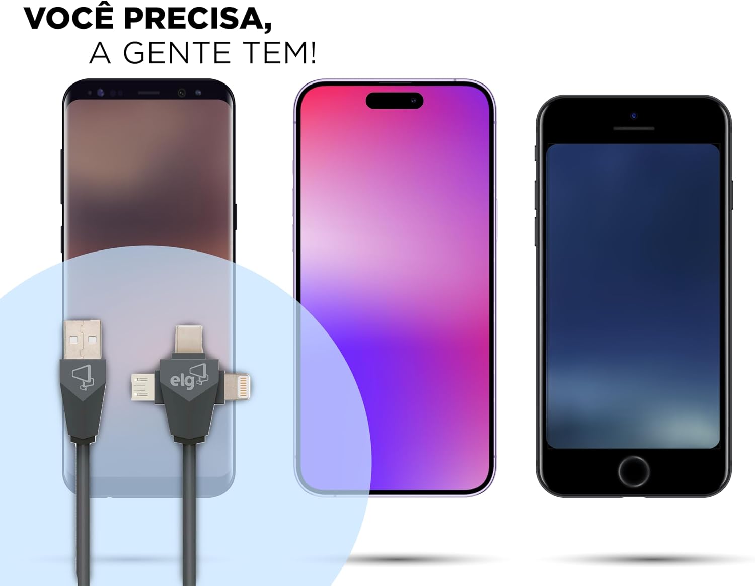 Cabo 3 em 1 para Recarga e Sincronização, Conector Lightning, USB Tipo-C e Micro USB, Suporta 12W e 2.4A, Comprimento 1.5m, Cinza, PW31C, ELG