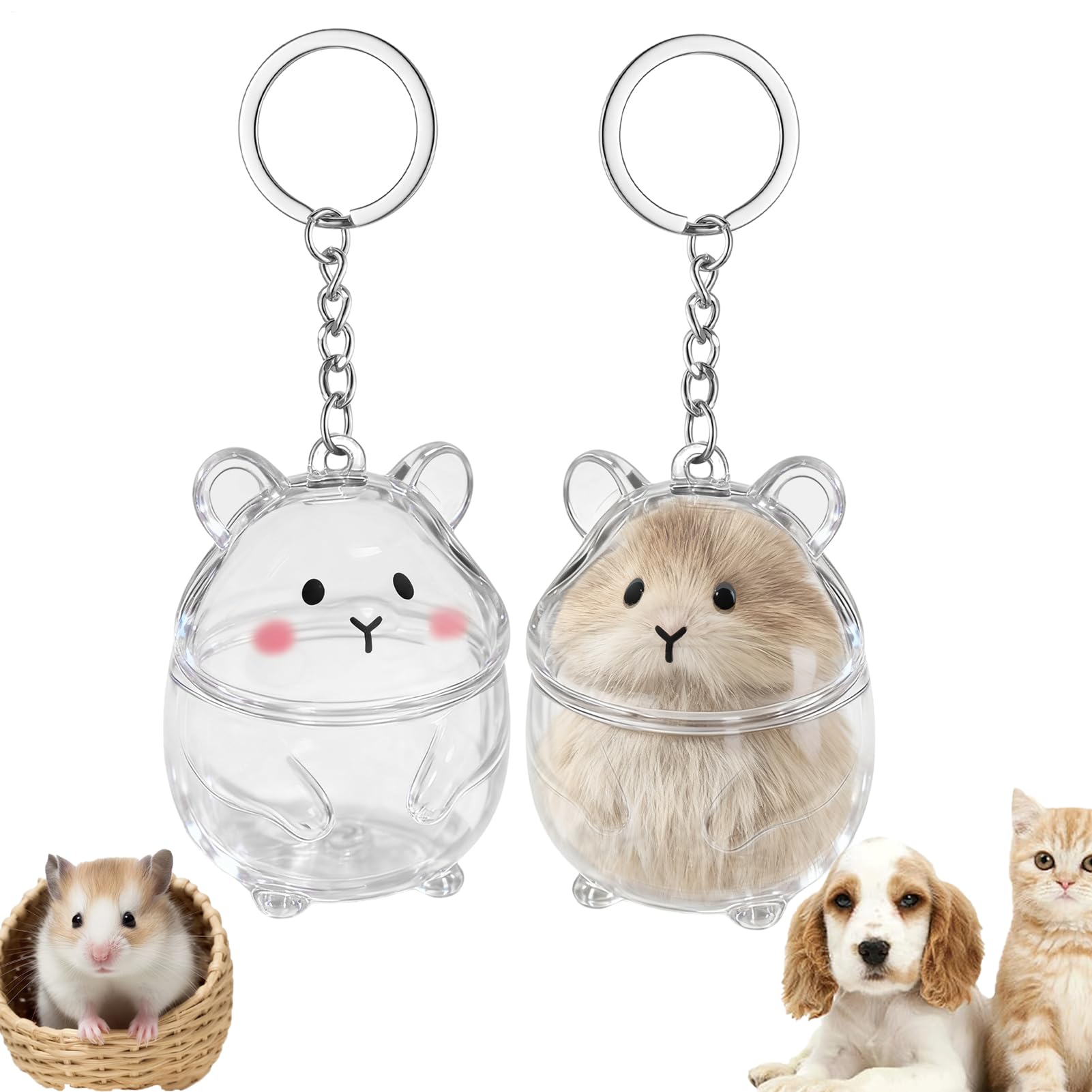 2 Pieces Transparent Pet Hair Keychain 7 * 5 * 3 Cm | Hamster Shaped Keychain | Acrylic Pet Memorial | Container Memorial Bag Charm | Cat & Dog Hair Collector | for Pets Lovers
