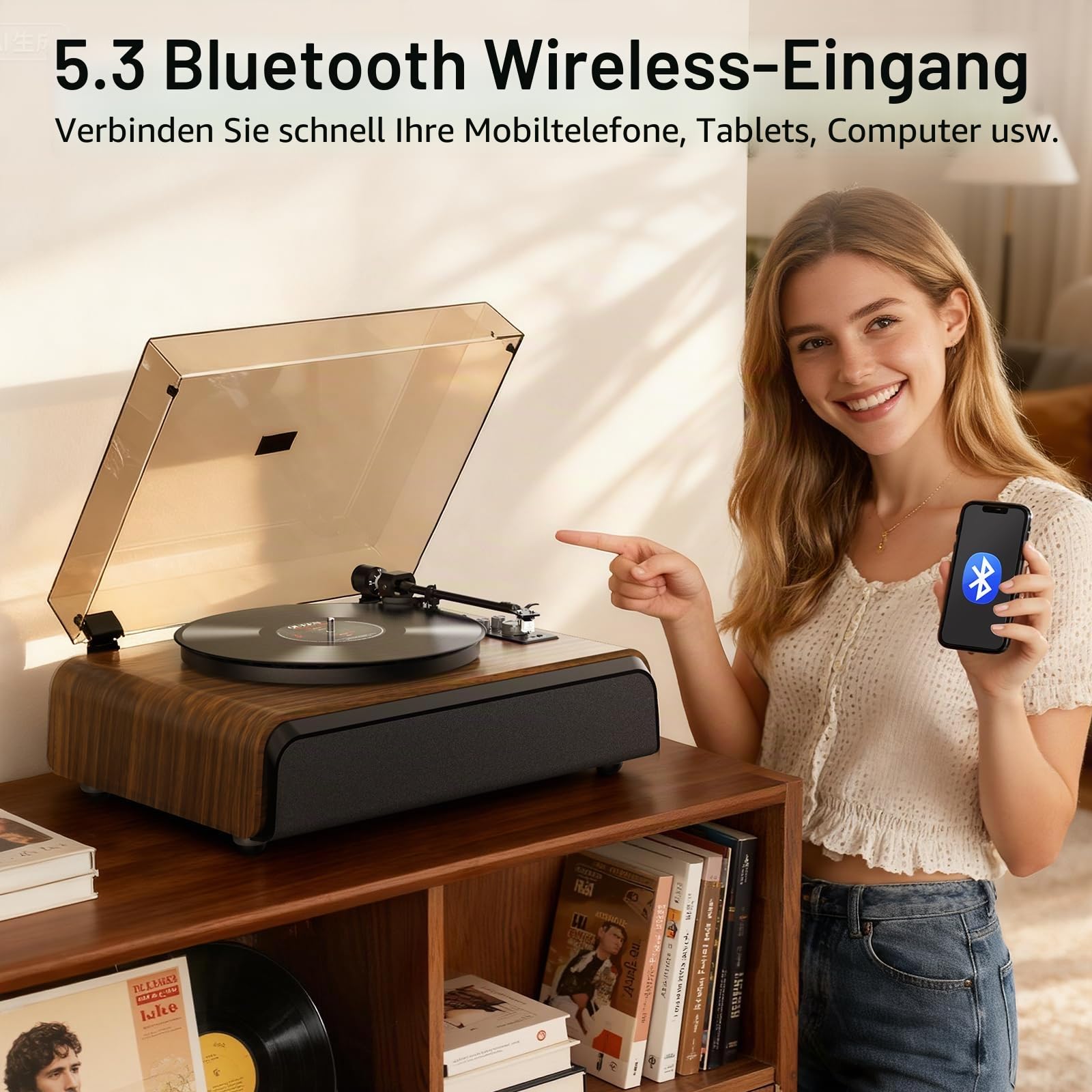 Plattenspieler High-Fidelity-Plattenspieler mit 2.1-K-Soundsystem, eingebauter Subwoofer für verbesserten Bass, Vinyl-Schallplattenspieler mit Magnetkartusche BT5.3-Wiedergabe