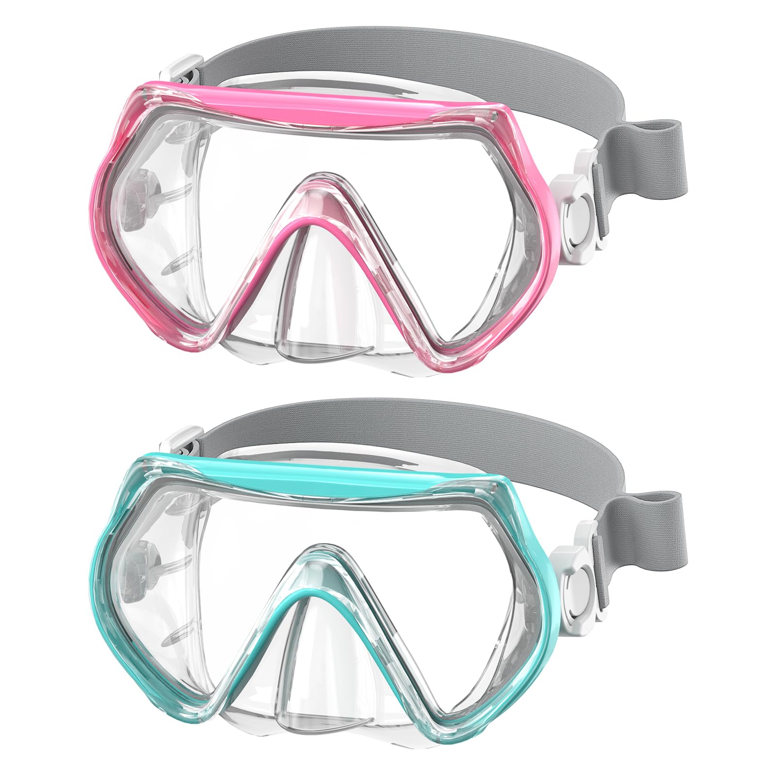 Schwimmbrille für Kinder, Schnorchel- und Tauchmaske mit Nasenabdeckung für Kinder von 6 bis 14 Jahren, aus gehärtetem Glas, 180°-Panorama-Sichtfeld, beschlagfrei, 2er-Pack