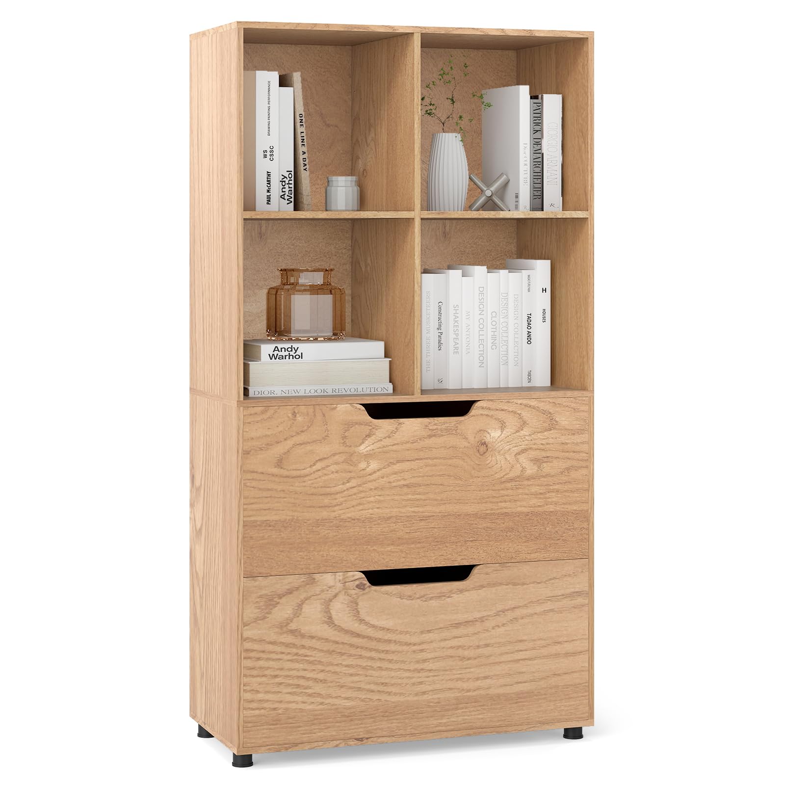 COSTWAY 130cm/188cm Tall Bookcase, Wooden Cube Bookshelf Storage Cabinet with 4 Open Shelves & 2 Drawers, Modern Freestanding Cupboard Display Organizer Unit for Home Office (Natural, 70 x 34 x 130cm)