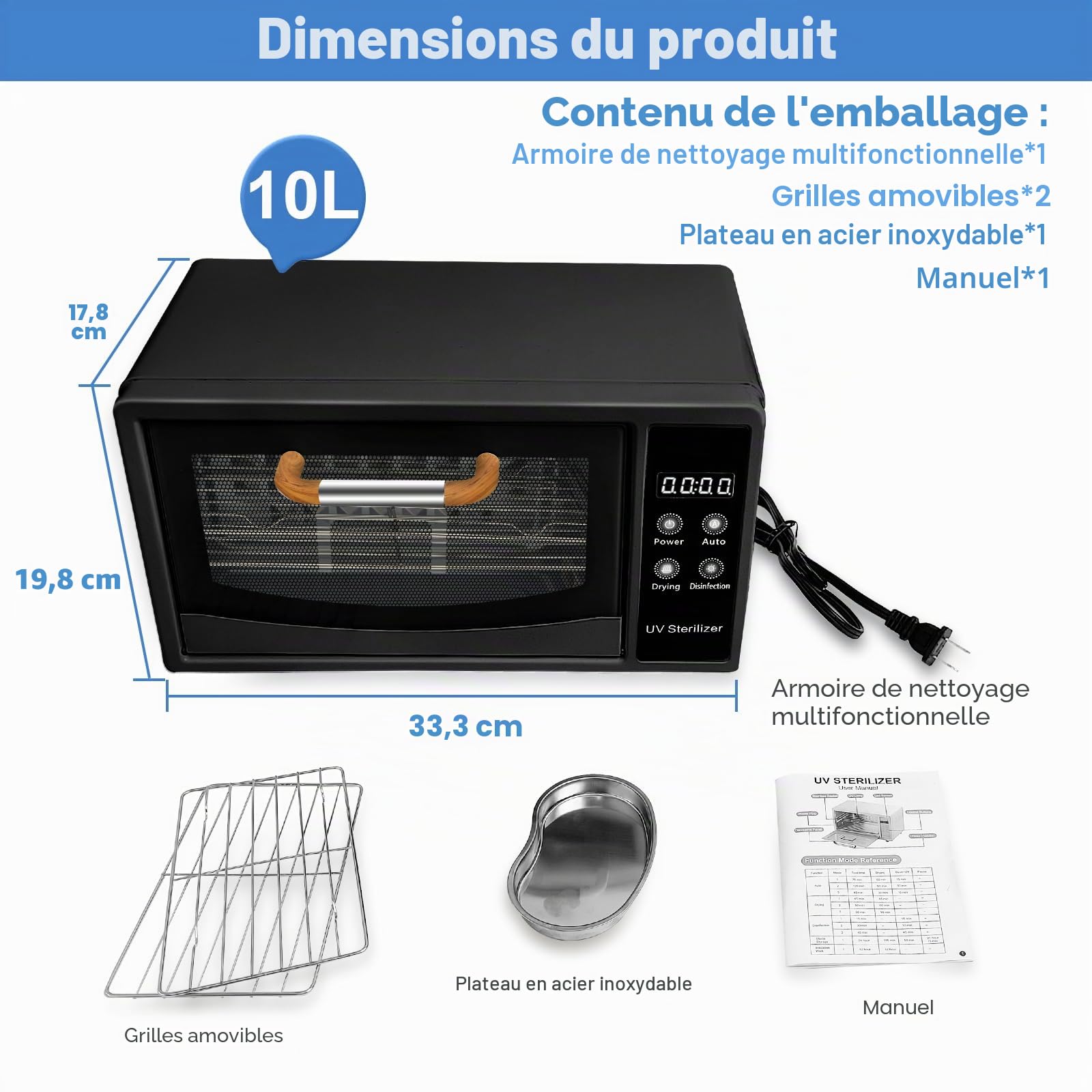 CGBE 10L Autoclave Stérilisateur UV avec Séchage pour Salons de Manucure | Air Chaud Thermostatique à 75 °C - 160 W Stérilisateur Matériel Onglerie pour Salon de Coiffure Maison - Noir