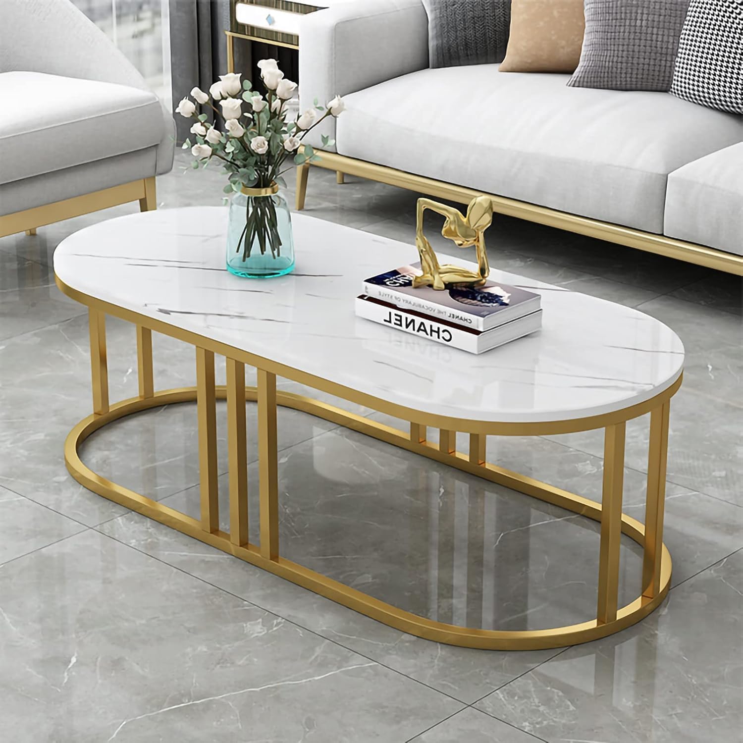 Shoppee Modern Coffee Table with Marble Finish Top & Gold Metal Frame, Cocktail Sofa Table Living Room, Elegant Center Table – for Home, Office, Dining (White & Gold)-image-7