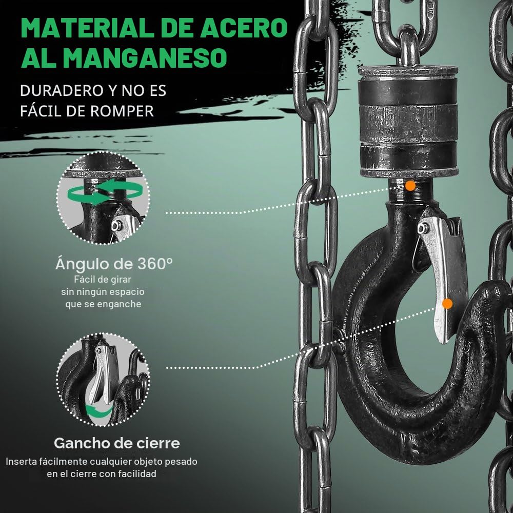 Polipasto de Cadena Manual con Gancho Resistente STANEW, Altura de Elevación 6,0 m, Verde,Doble Cadena de Carga,G80,Gancho de Elevación con Seguridad (1 tonelada 6,0 m)