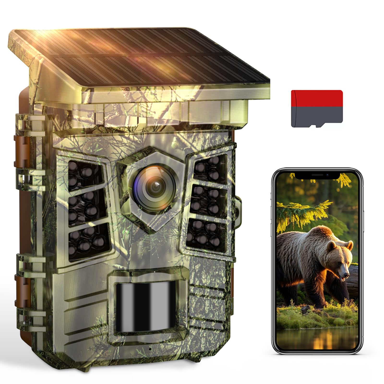 Cámara de caza solar WiFi 4K 60MP, 0,1s tiempo de activación activado por movimiento, cámara de caza con batería recargable integrada 2600 mAh, visión nocturna infrarroja, tarjeta 32GB