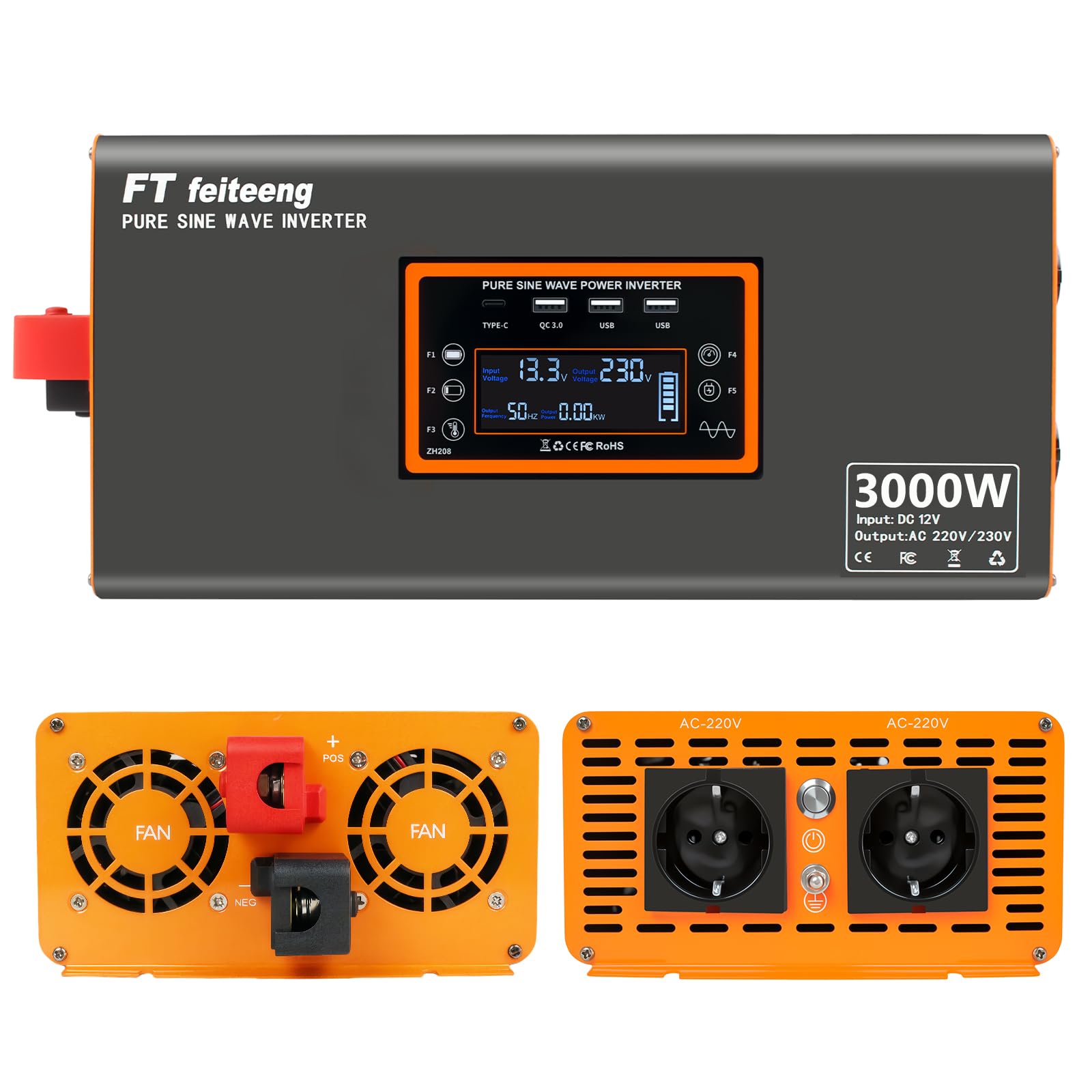 Invertitore di potenza sinusoidale puro da 3000 W, convertitore AC da 12 V DC a 220 V/230 V con display LCD, connettore USB-C e porta QC 3.0 per veicoli di emergenza da campeggio, camion