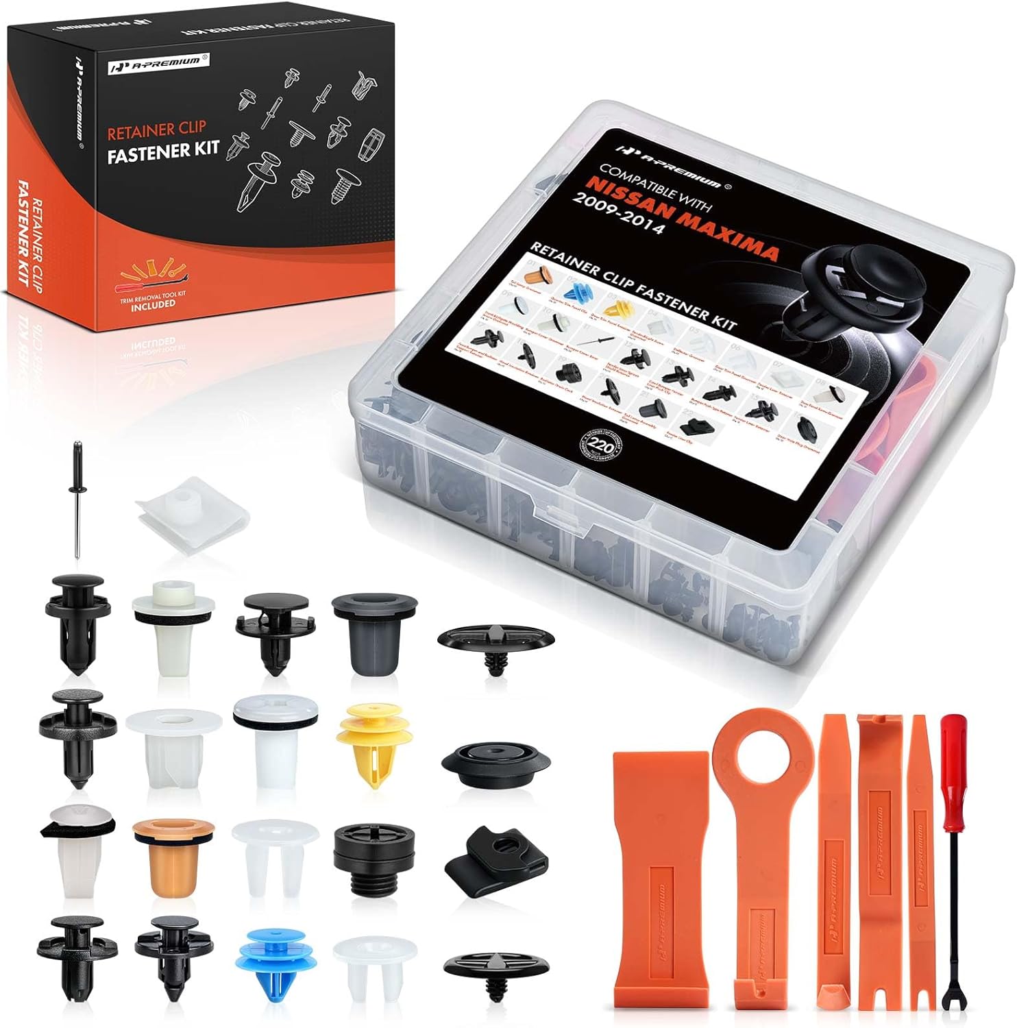 A-Premium 220Pcs 41.92 oz Nylon Bumper Retainer Clips Fender Fasteners Door Trim Panel Push-Type Molding Hood Auto Push Pin Plastic Rivets Kit Compatible with Nissan Maxima 09-14, with Removal Tool