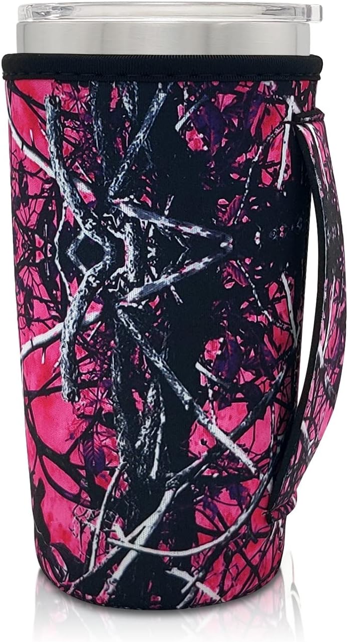 Neoprene Insulated Sleeves Cup Holder with Handle for 20oz Tumbler Cups, Reusable Iced Coffee Sleeve Compatible with Starbucks Trenta, Dunkin Large, more(Pink Camouflage)