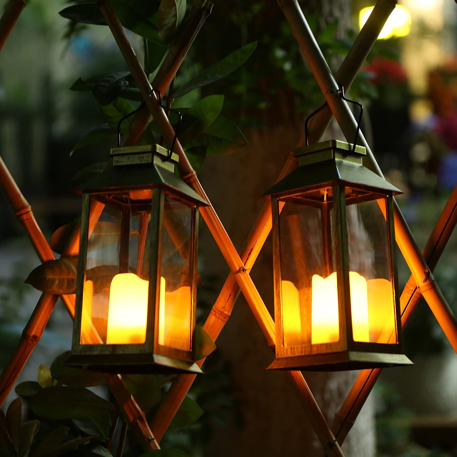 Tomshine 2 Pack Solar Lanterns, Outdoor Garden Hanging Lanterns, 11.8 Inch LED Flickering Flameless Candle Lights for Table Patio (Green)
