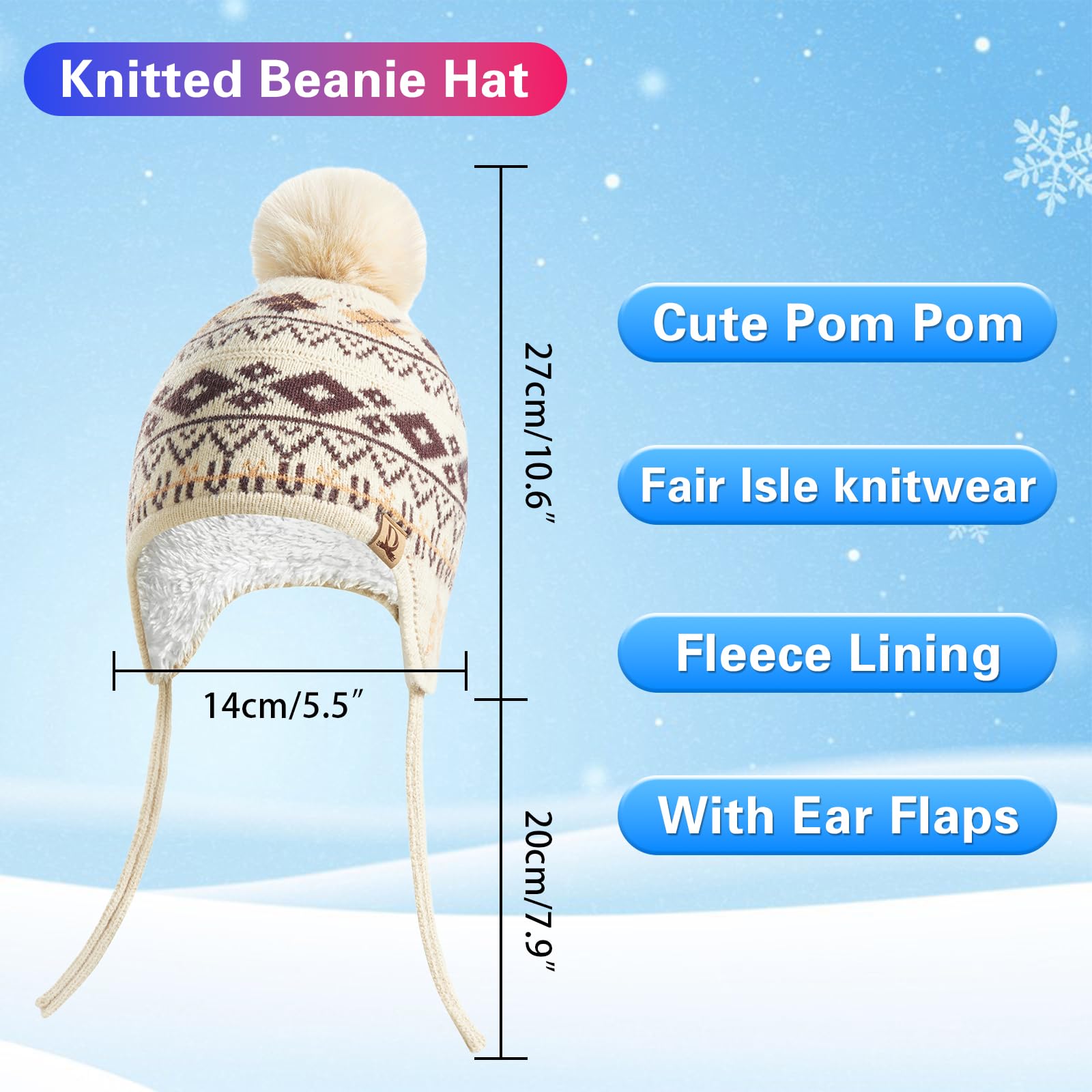 Juego de 3 piezas de invierno para niños con forro polar y gorra, polaina para el cuello, guantes para 3-8 años con pompón, cálidos, pantalla táctil, nieve, escuela, uso al aire libre