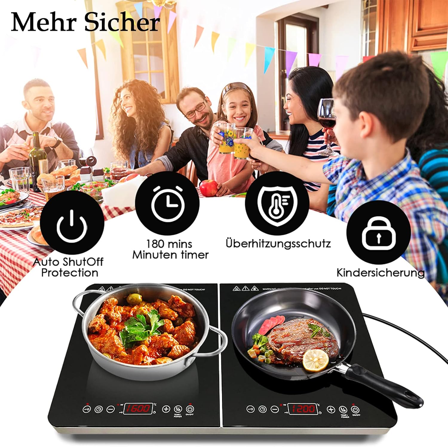 Piastra a induzione,piano cottura a doppia induzione,fornello a induzione portatile, pannello in vetro ceramico con sensore touch con display a LED Sicurezza bambini Timer 3 ore,3500W