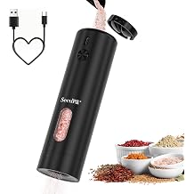 Secura Brands Electric Salt and Pepper Grinder, Black | Type-C Rechargeable, 6 Level Adjustable Coarseness, LED Light, Large 110ML Capacity, Home Kitchen Gift