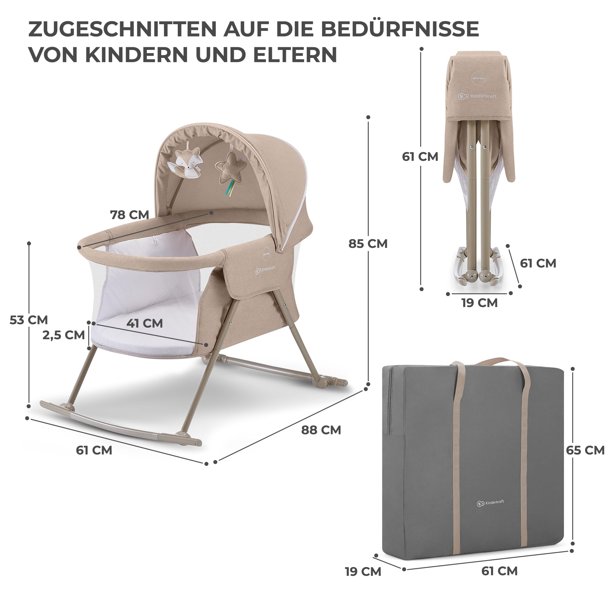kk Kinderkraft Kinderkraft Kinderbett 3 in 1 lOVI, Kinderreisebett, Stubenwagen, Babywiege, Baby Wippe, Zusammenklappbar, Einfach Transport, mit Zubehör, Tasche, Moskitonetz,von Geburt bis 9 kg, Beige