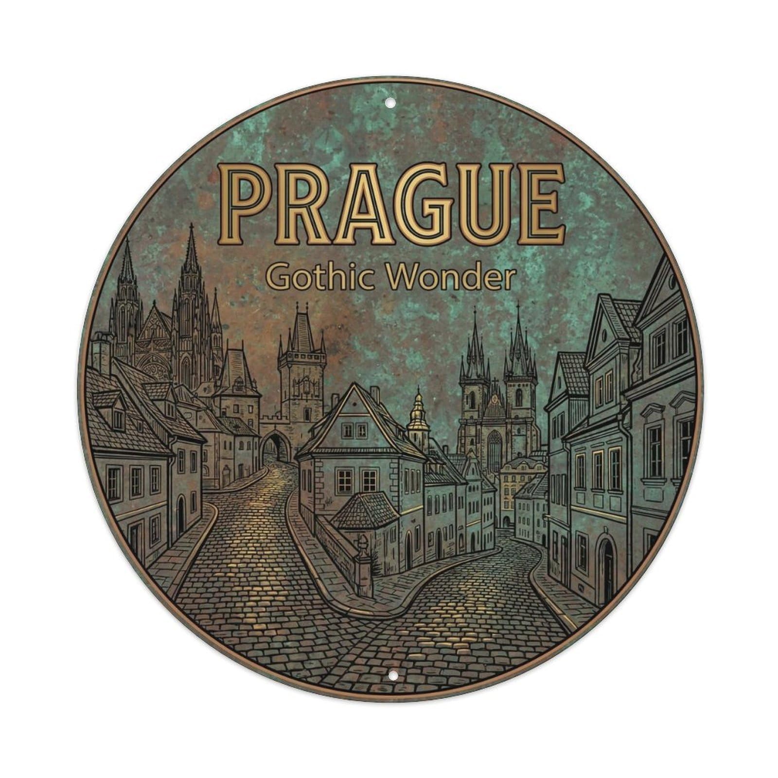 Yrnq 8X8inch Vintage Style Vintage Travel Prague Czechia Token Metal Tin Sign