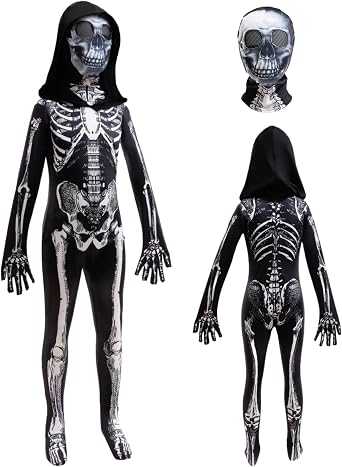 BanKids Halloween Skeleton Costume for Kids Scary Skeleton Jumpsuit Onesie Dress up with Hood and Mask 2-10Years