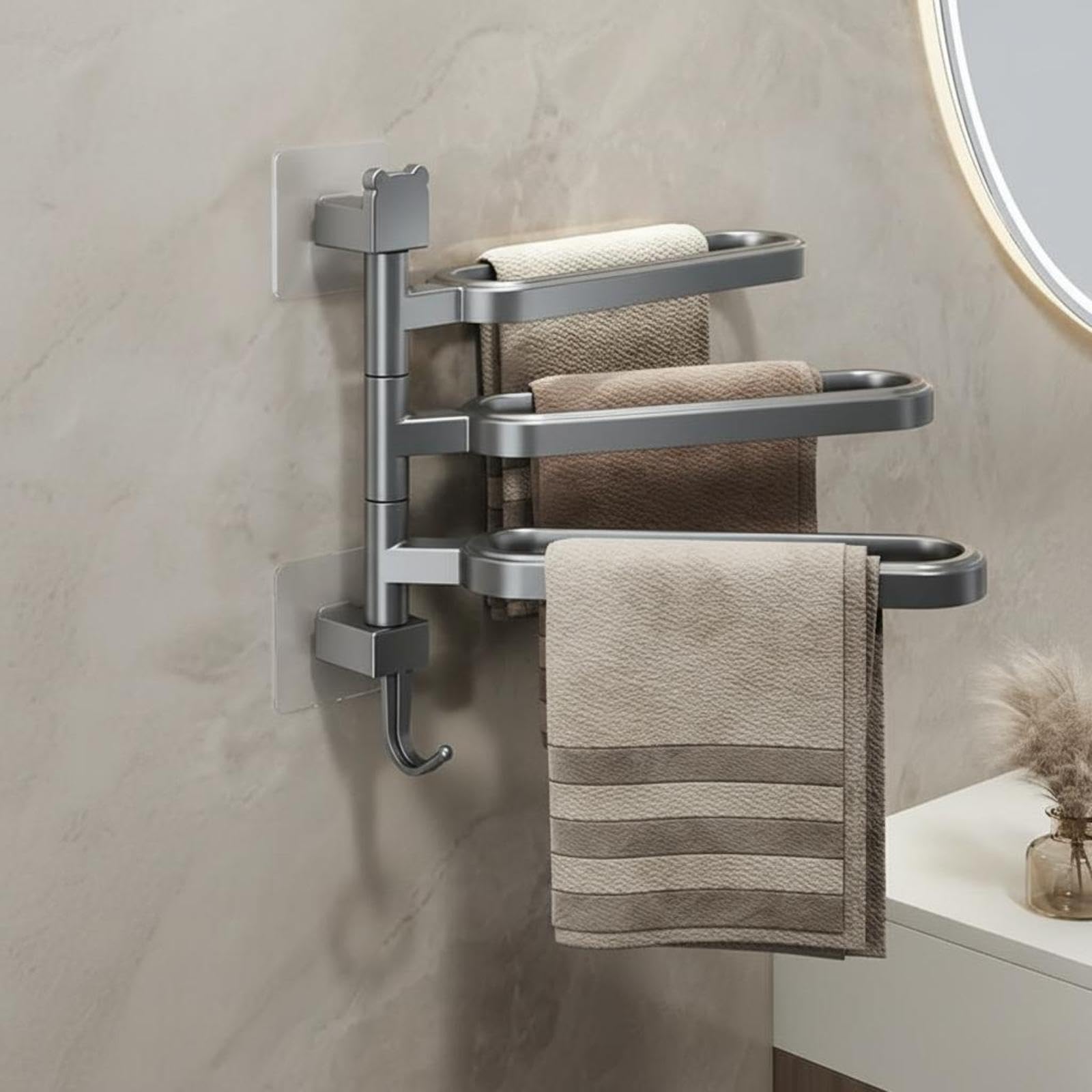 Bathroom Organizer, Wall-Mounted Towel Rack, Rotatable Storage Shelf, No-Drill Installation, Space-Saving, Multifunctional Holder Gunmetal Gray 3 Rods