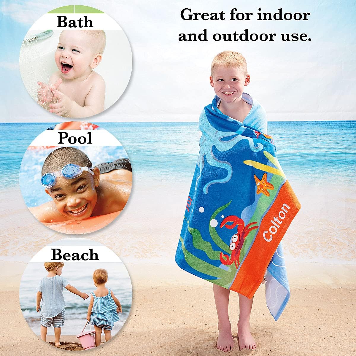 Lillian Vernon Under The Sea Personalized Boys Towel - Custom Embroidered with Name or Monogram, Extra Large 30” x 60” Kids Towels, Quick Dry Design for The Beach, Pool, or Bath, Plush 100% Cotton