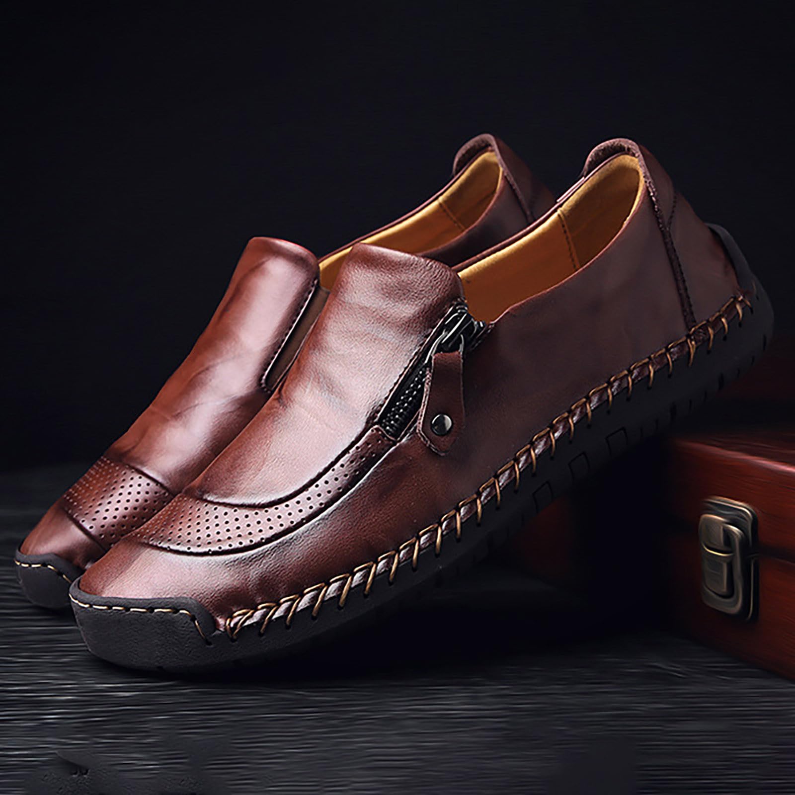 Zapatos de hombre de piel, zapatos de negocios, clásicos, transpirables, anchos, ligeros, con cremalleras, piel, para el tiempo libre, para el trabajo