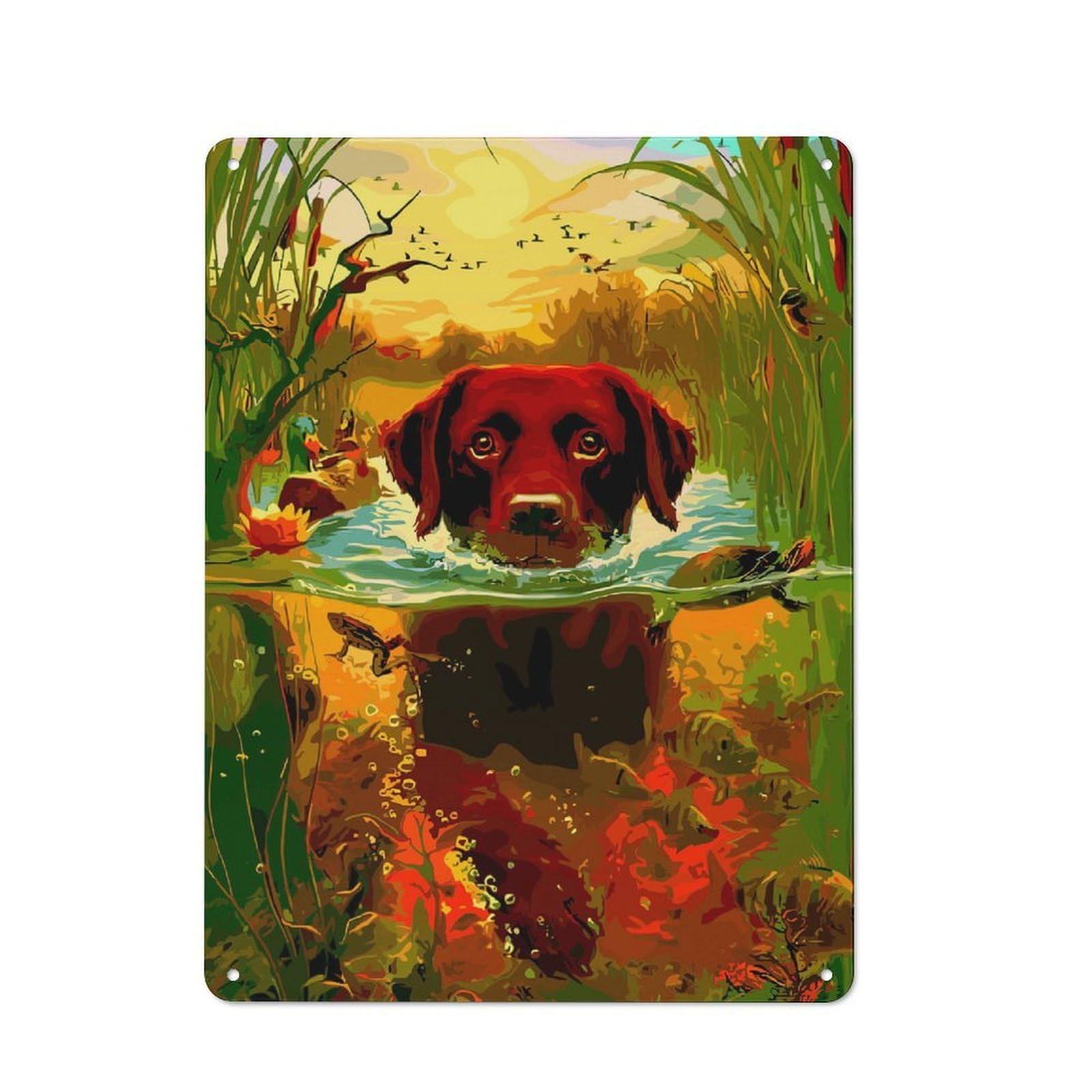 Junmoney Dog Swimming In Pond Painting Metal Plaque 40X30cm With For Garage Wall, Retro Decor, For Garage Decor Collectors Refreshing A Room In Autumn