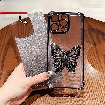 iPhone 17 Pro Max用 グリッターメッキ加工 スマホケース バタフライホルダー リストストラップ付き スマホカバー(iPhone 17 Pro Max/5対応)
