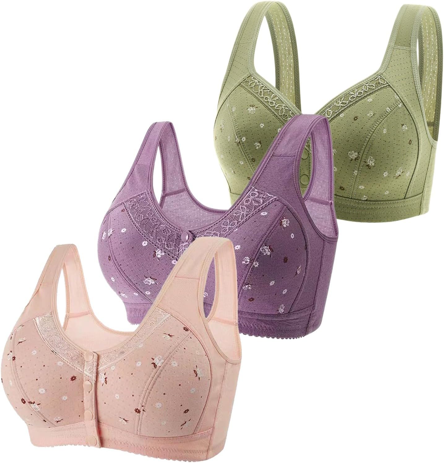 Women's Bras Older Daisy Bras 3 Pack Front Button Full Coverage Underwire Bras Plus Size Lace Bralettes