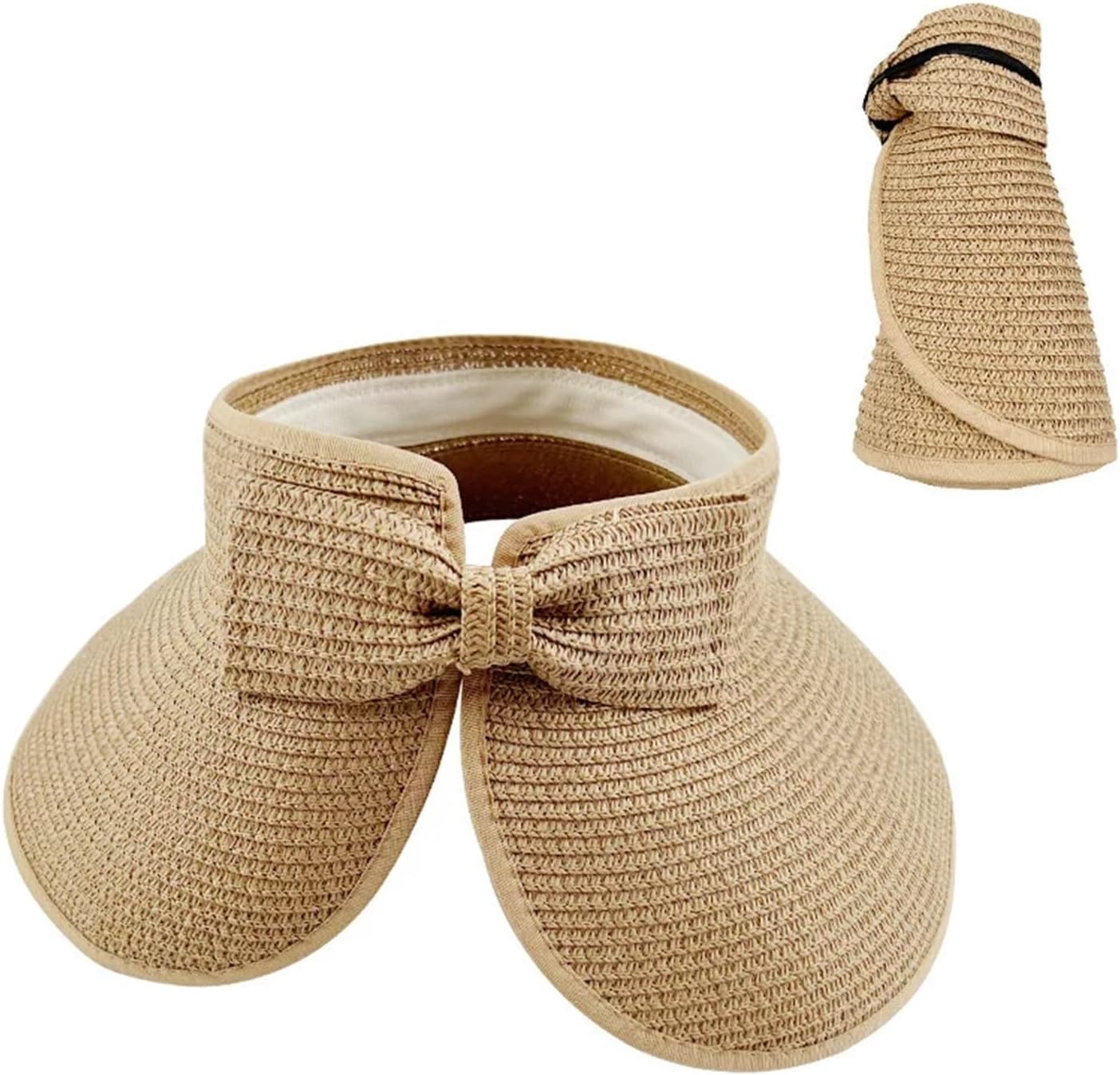 Women Summer Visors Hat Foldable Wide Large Brim Bowknot Empty Top Straw Hats Chapeau Femme Beach Protection Caps