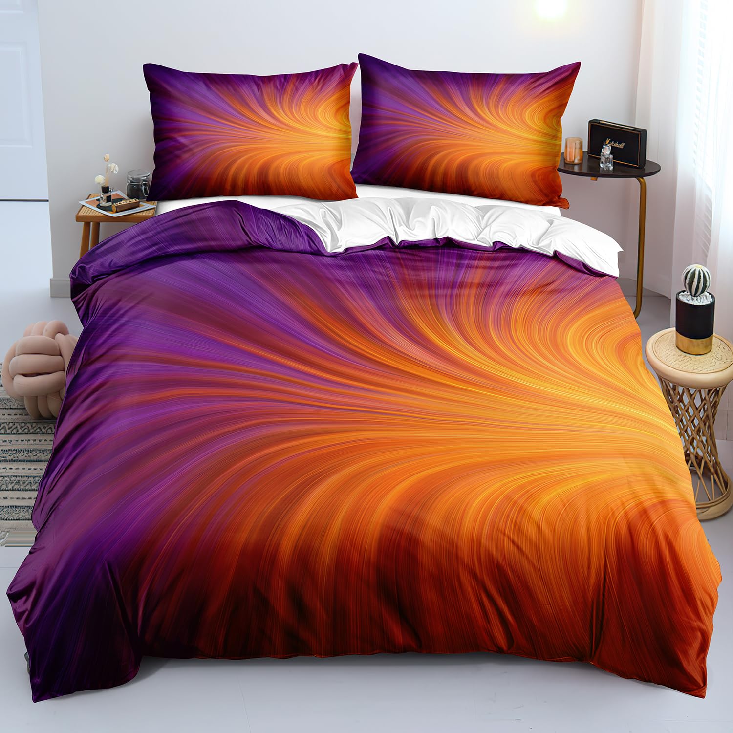 Housse de couette motif tourbillonnant violet orange lit 240x220 abstrait