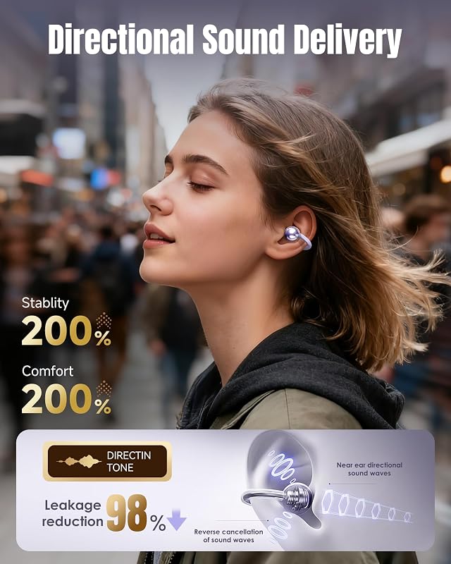 Kinglucky Clip-On Earbuds Gen 3, Open-Ear Wireless Bluetooth 6.0 Headphones with Mic, Secure Fit for Small Ears & Glasses Wearers, 50H Playtime, LED Digital Display, ENC, IPX5 Waterproof (Purple) image 6