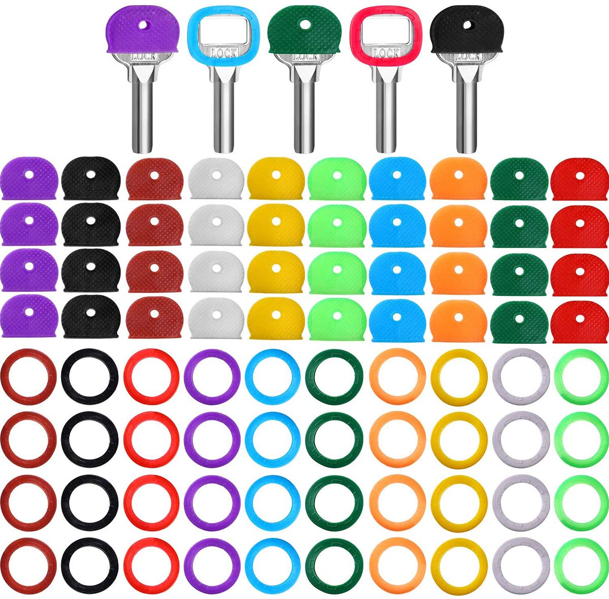 Key Caps Tags Covers Set 80 Pieces，DELFINO Plastic Key Easy Identifier Rings Key Toppers for Keys Organization House Key, 10 Colors, 2 Styles, Round Key Caps and Semicircular Key Caps