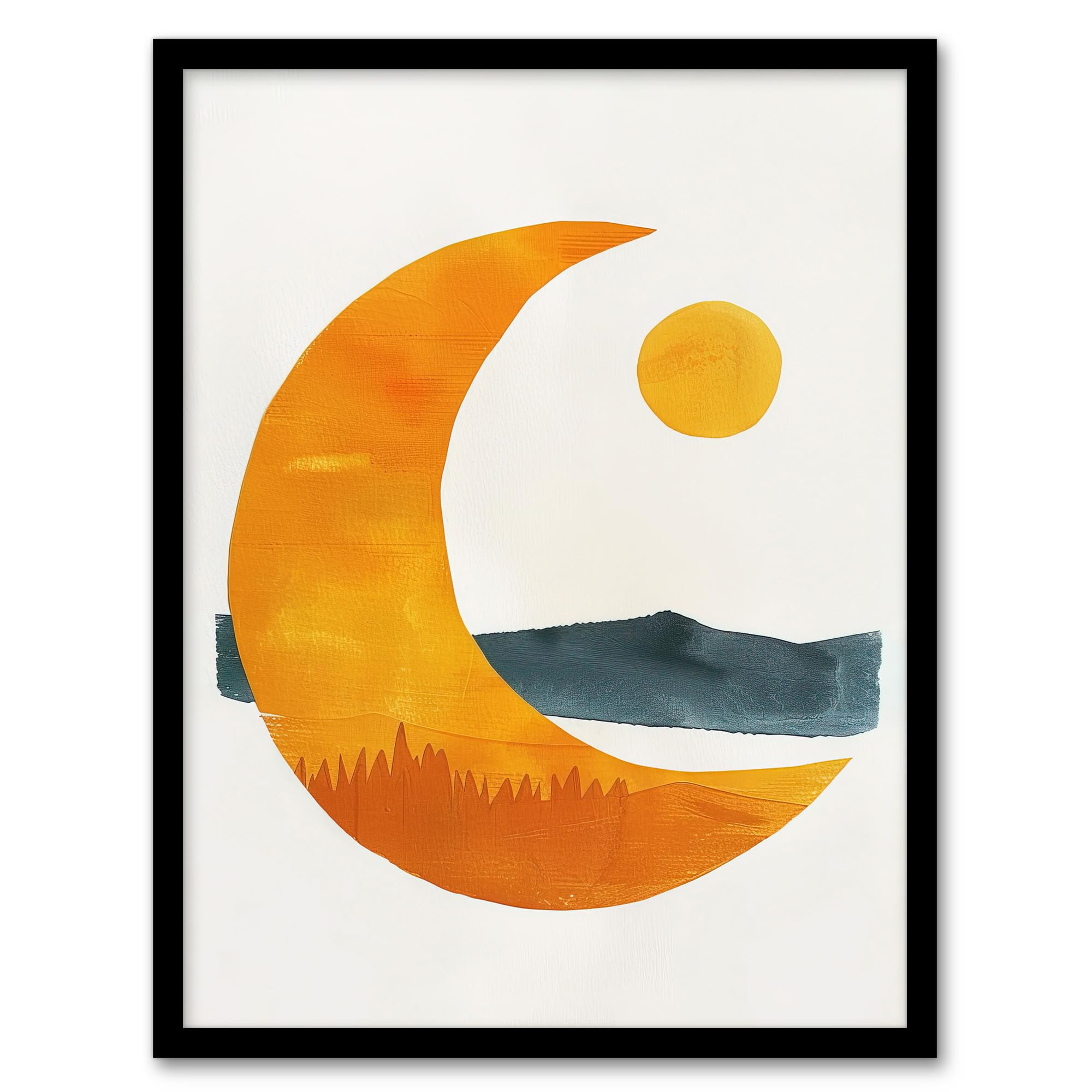 Artery8 Abstract Crescent Moon Sun Sea Orange Blue Boho Living Room Artwork Framed Wall Art Print A4