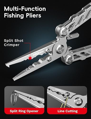 Miniatura 6 de HOOK-EZE Alicates de pesca plegables, multiherramienta 5 en 1 resistente al agua salada con cortadores de línea de tungsteno, removedor de ganchos,