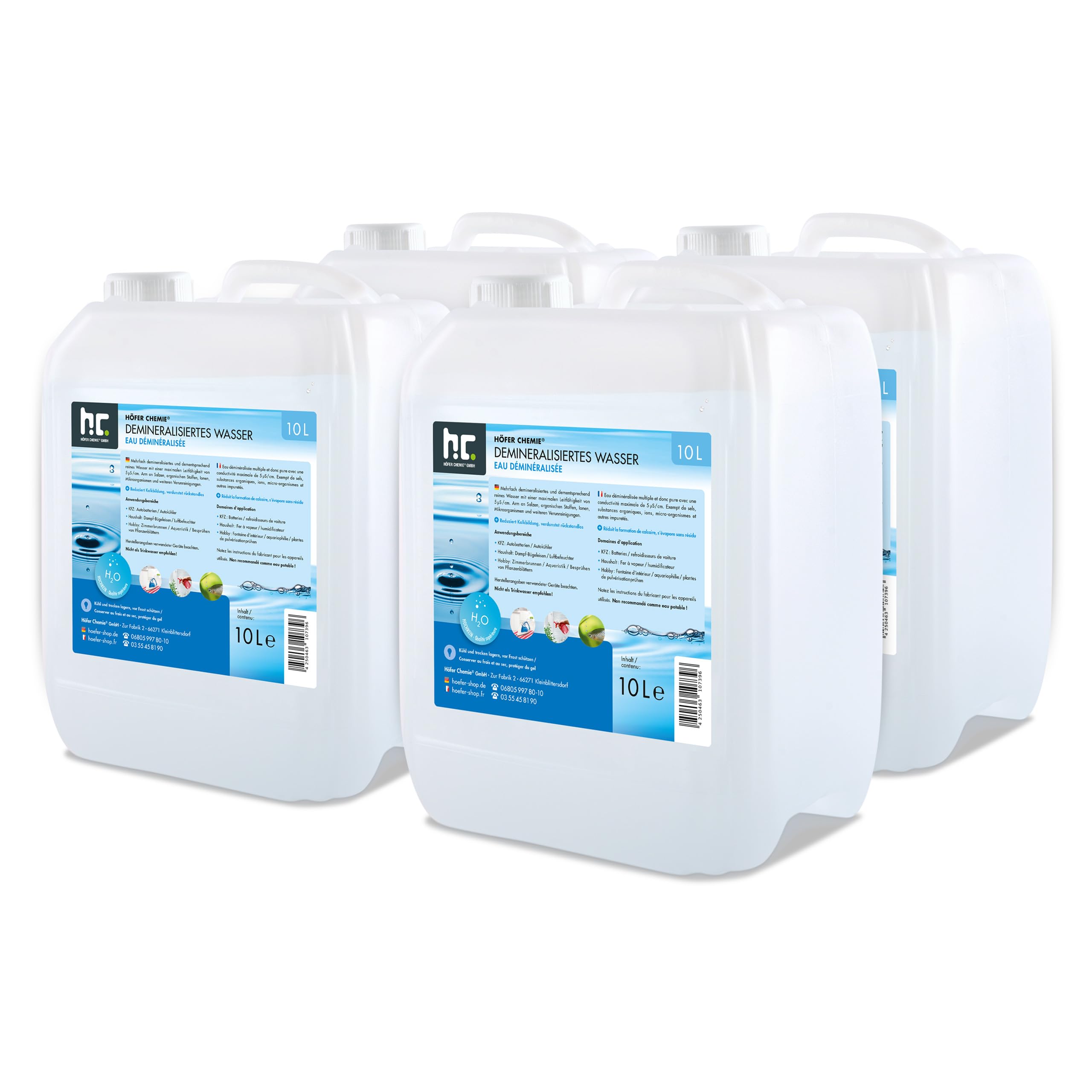 Höfer Chemie Eau Déminéralisée 4 X 10 L - Eau Ultra Pure Déminéralisée Plusieurs Fois - Conductivité Max 5 µs/Cm - Idéale pour Radiateurs Voiture et Fers à Repasser Vapeur
