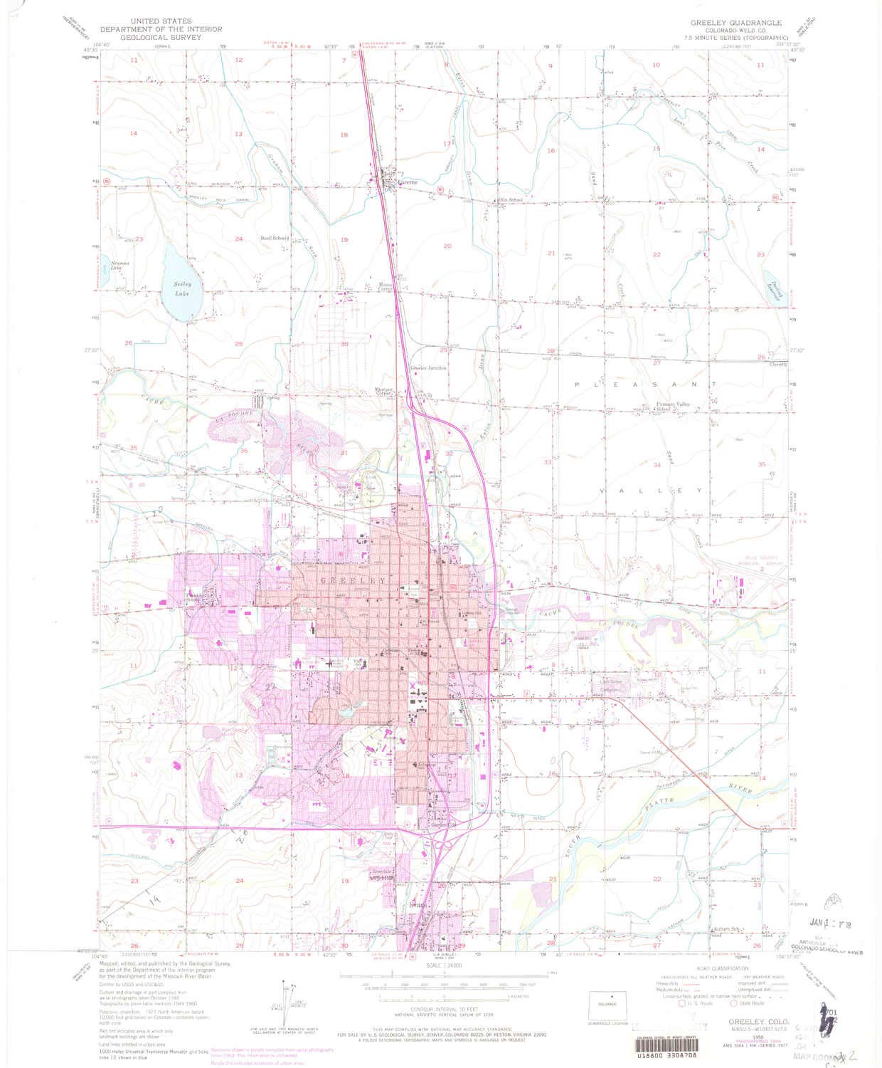 YellowMaps Greeley CO topo map, 1:24000 Scale, 7.5 X 7.5 Minute, Historical, 1950, Updated 1975, 27 x 22.3 in - Tyvek