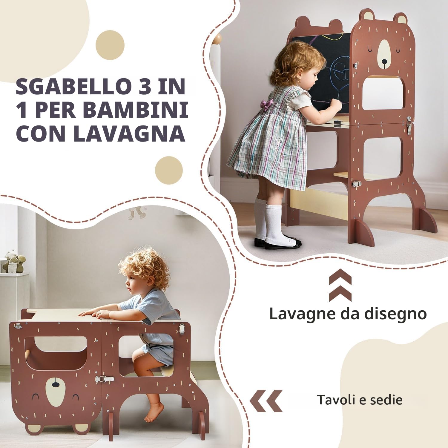 Labebe Torre Montessoriana Pieghevole in Legno 3 w 1 z Lavagna Orso Bruno