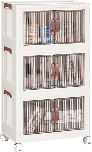 HOOBRO Contenedores de almacenamiento de plástico de 11 galones con tapas, 3 paquetes de cajas de almacenamiento plegables con puertas y ruedas,