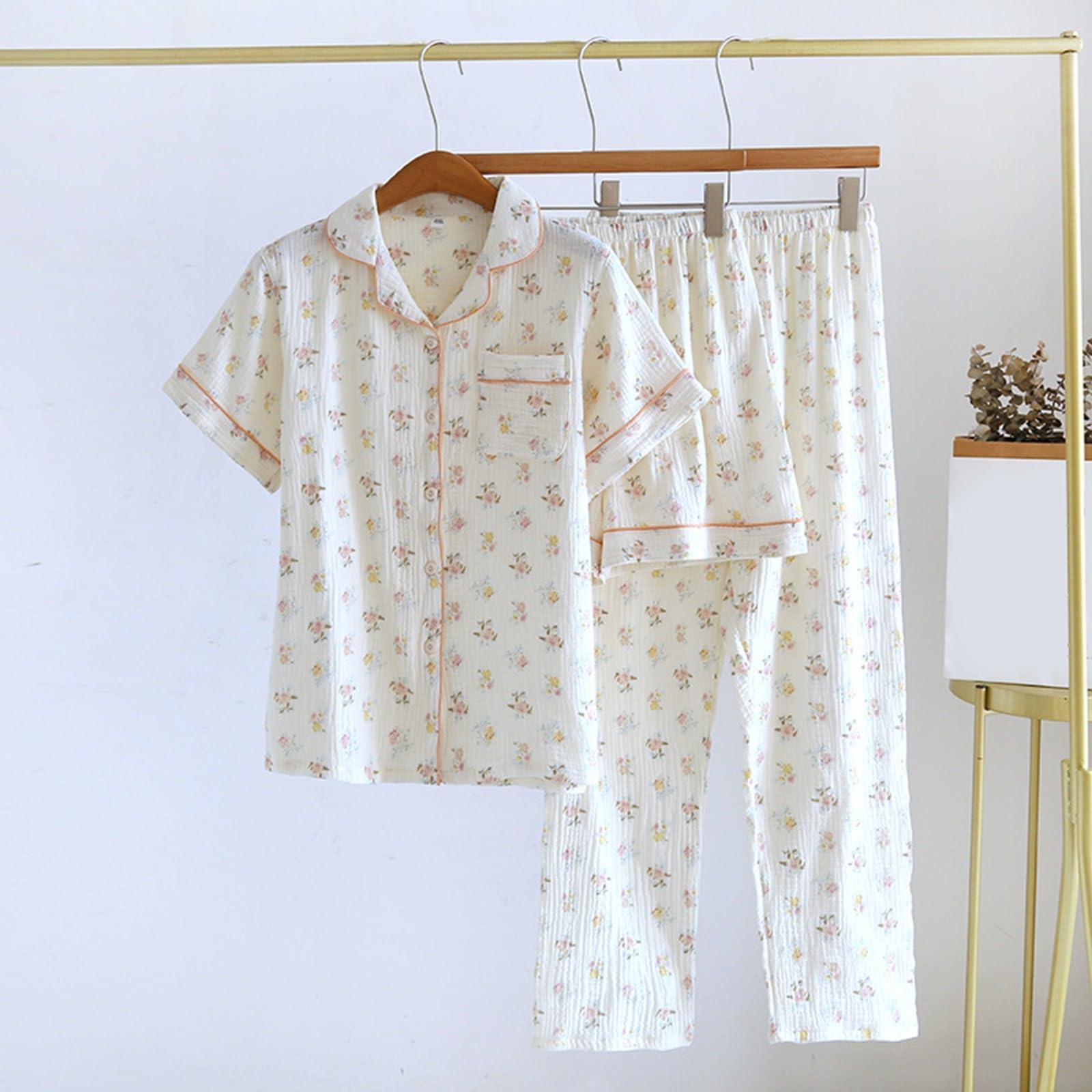 Generisch Leichtes Pyjama-Set für Damen kurzärmelig Lange Hose Nachtwäsche Blumendruck bequemes Heimoutfit Frühling