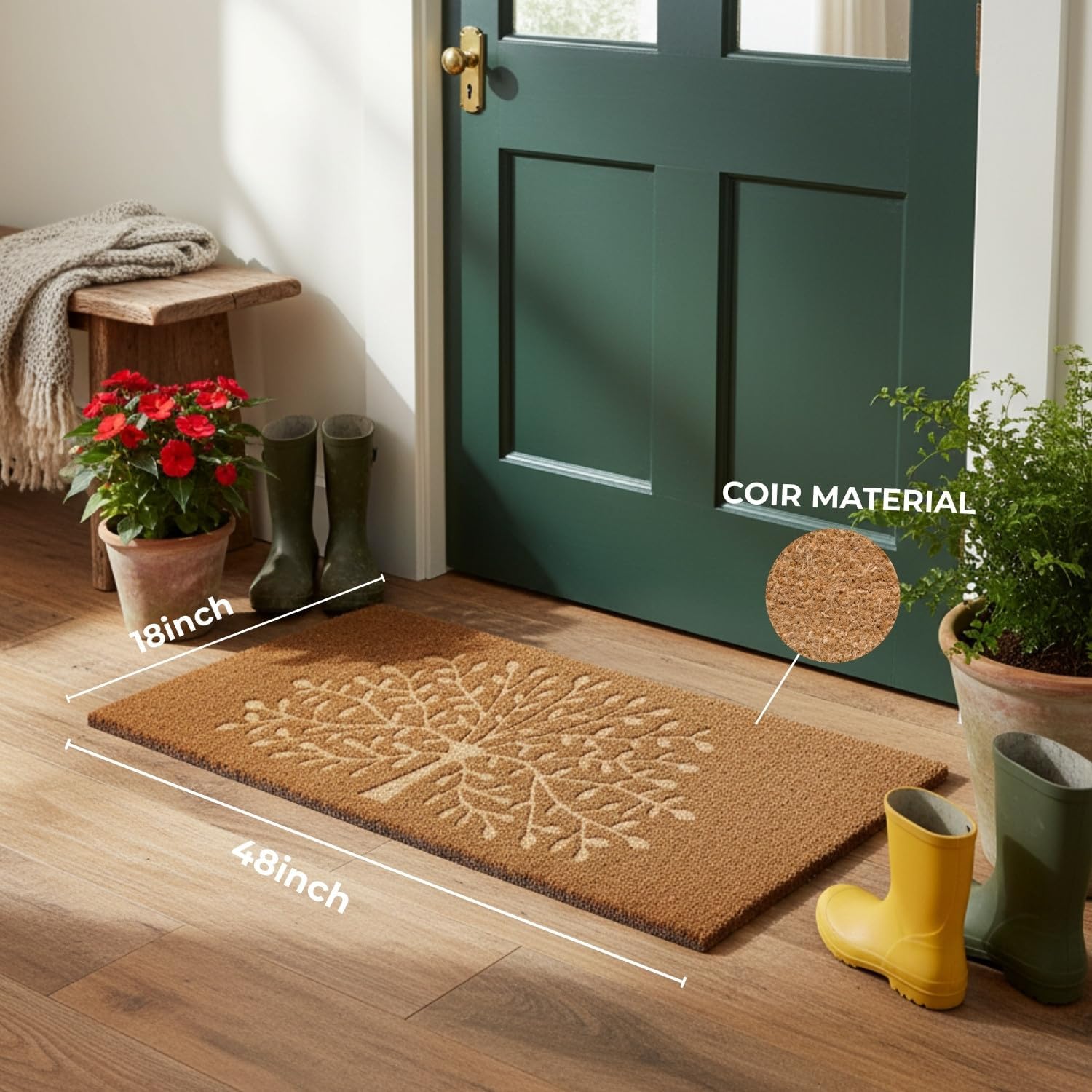 Long Tree of Life Pressed Doormat-18x46 L-Natural Eco Friendly Coco Coir Fiber, Durable Anti-Slip Backing Rug, Welcome Indoor Outdoor Doormat for Front Door, Porch, Garage, or Mudroom
