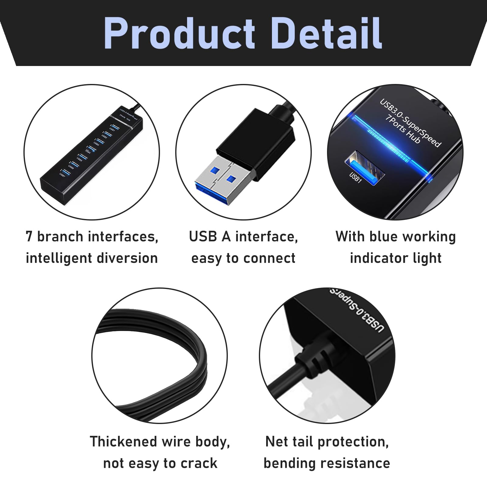 Hub 7 portów USB 3.0, rozdzielacz 5 Gbps z kablem 100 cm, super Speed Hub, adapter multiportowy, kompatybilny z laptopami, drukarką, myszką, klawiaturą, Xbox, PS4, napędem flash, adapterem OTG
