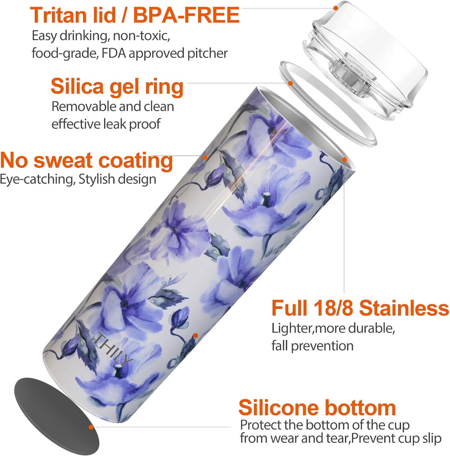 70% Off Discount Stainless Steel Insulated Tumbler Cup - THILY 22 oz Travel Cup with Lid and Straw, Spill-proof, Reusable, Stylish Slim Design, for Coffee, Juice, Beverage, Gifts for Men, Women, Her, Iridaceae