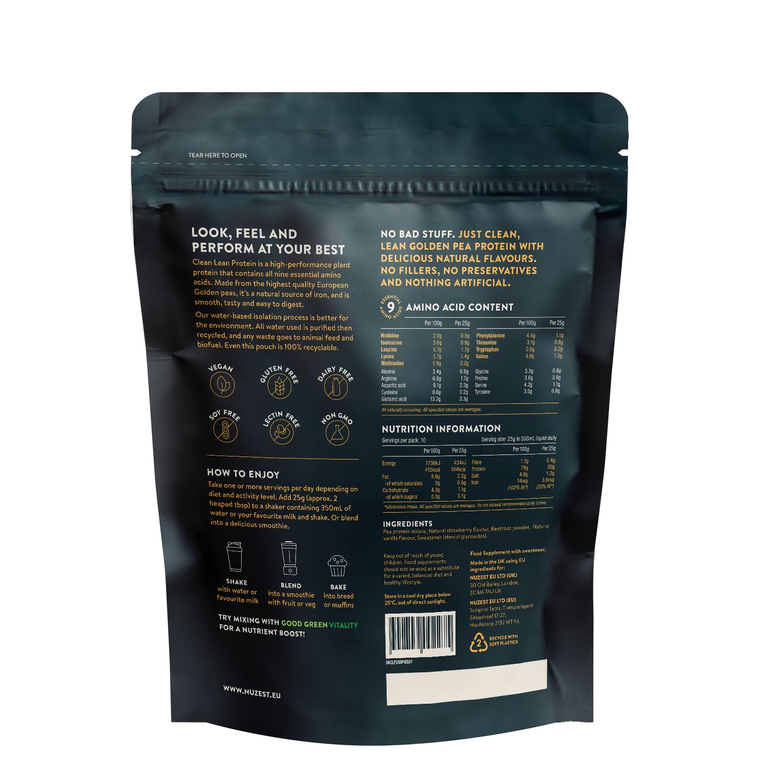 Nuzest - Erbsenproteinpulver - Clean Lean Protein - Wilde Erdbeere - Veganer Proteinshake - Pflanzenbasiert, Kalorienarm & Kohlenhydratarm - Glutenfrei - Milchfrei - 250g (10 Portionen)
